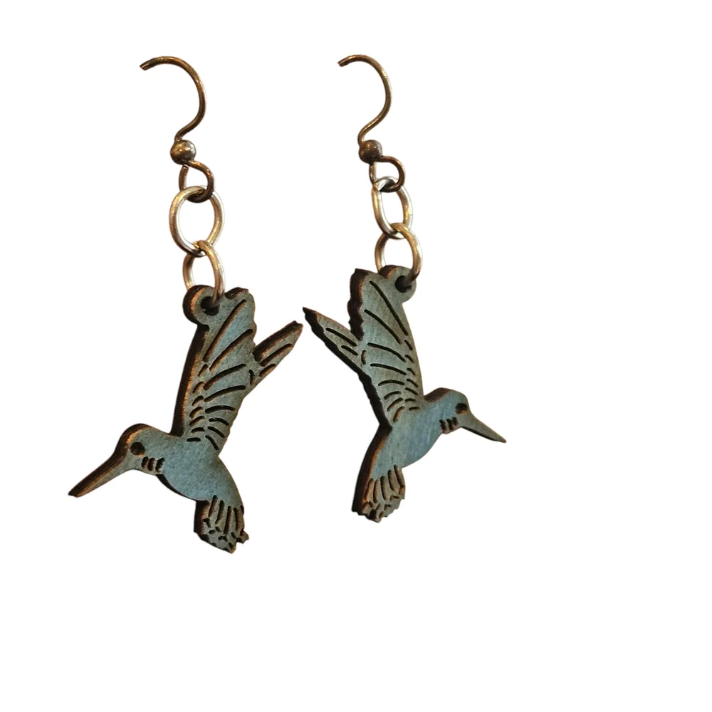 NWT - Handmade Wooden Blue Hummingbird Earrings